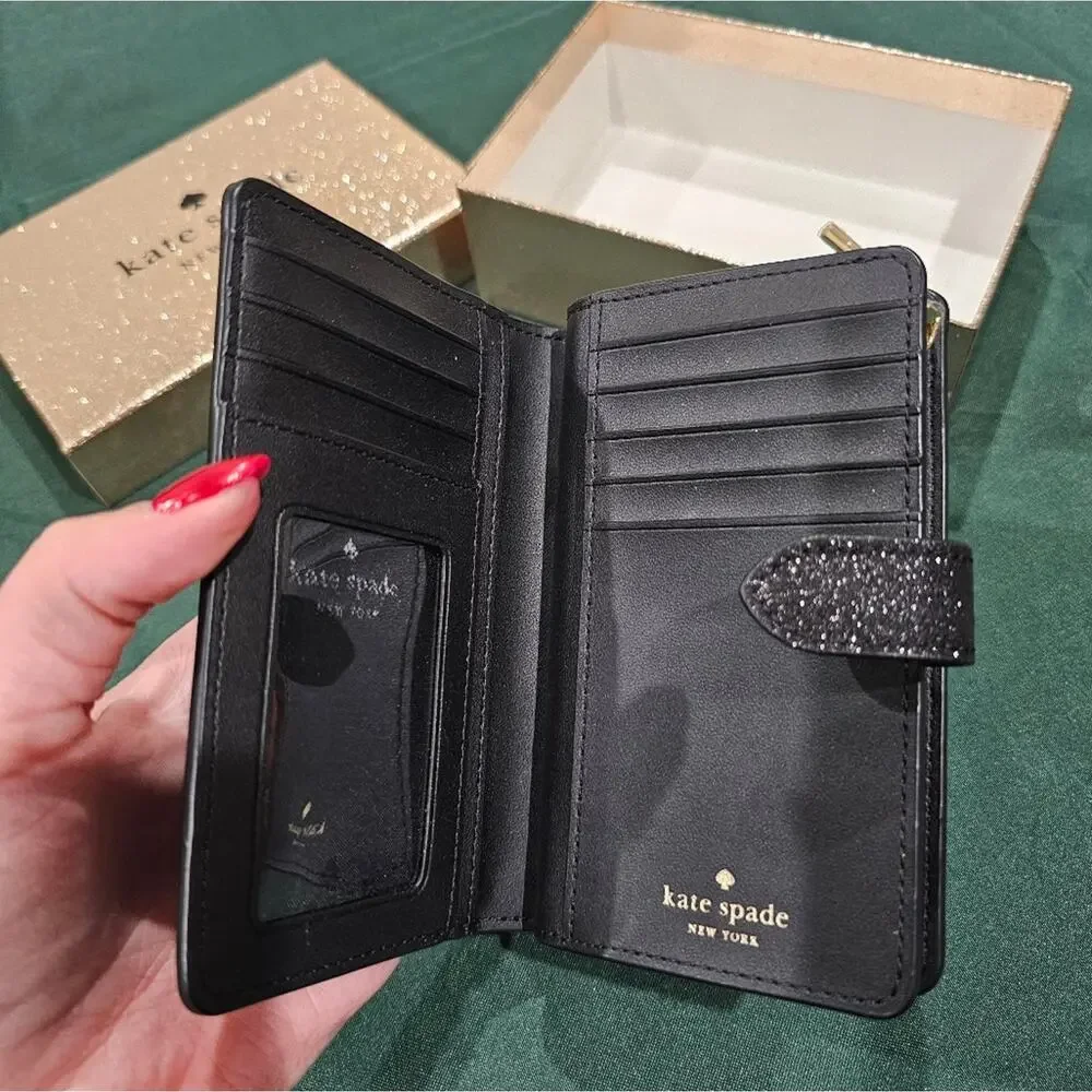 NIB Kate Spade Medium Boxed Glitter Compact Bifold Wallet in Black